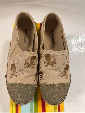 Rebels Beige Canvas Slip-On Shoes with Skull Embroidery and Crystal Accents